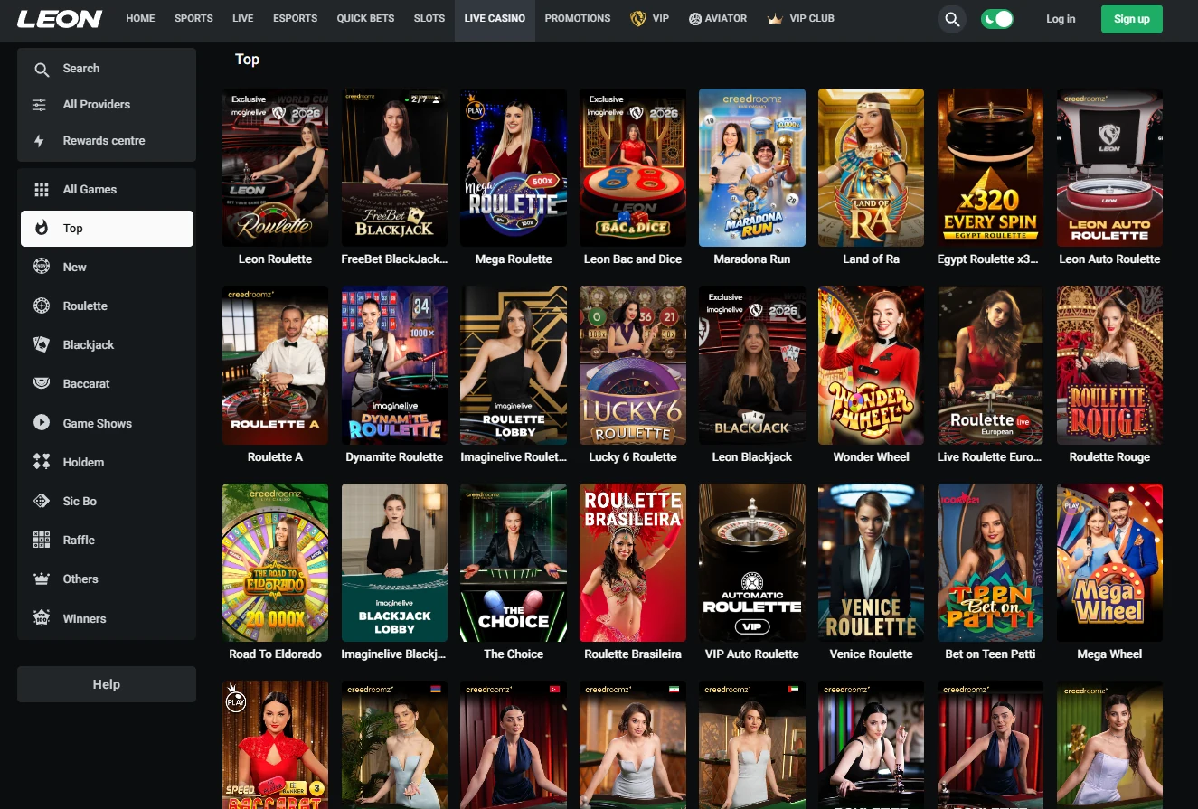 Live dealer tables listed side by side in the LEON lobby