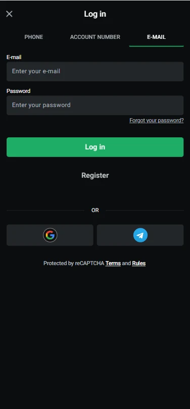 The LEON Casino sign-in panel with email and password fields on a phone screen