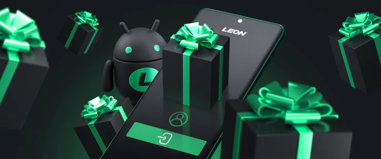 Android promo art for the LEON Casino app, with a phone and wrapped gifts