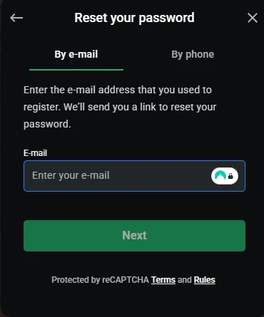 The LEON Casino password reset screen asking for the registration email address