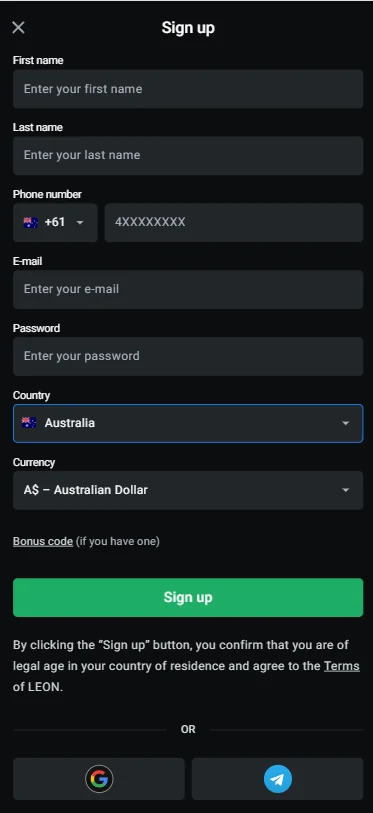The LEON Casino registration form asking for an email address, a password and an account currency