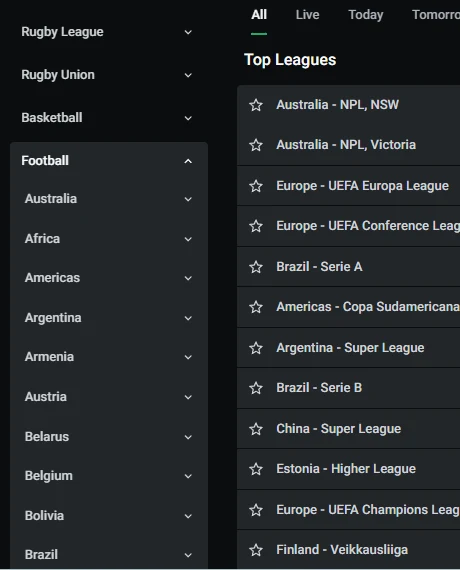 The LEON sportsbook page laid out with sport categories down the side