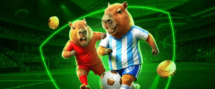 LEON promo art of two capybara footballers running across a floodlit stadium pitch