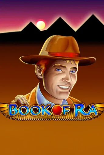 Pokie tile with an explorer in a wide hat before desert pyramids at sunset